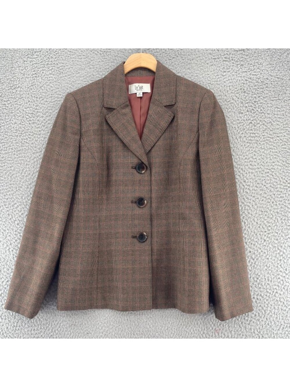 Le Suit Blazer Womens 8 Petites Brown Glen Check Button Up Notch Lapel Jacket